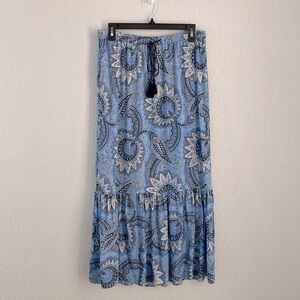 Talbots Blue Paisley Maxi Skirt Single Ruffle Drawstring Size Medium